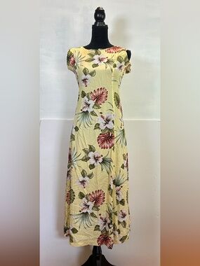 Paradise Bay Hawaiian Maxi Dress Butter Yellow Floral Hibiscus Tropical Large